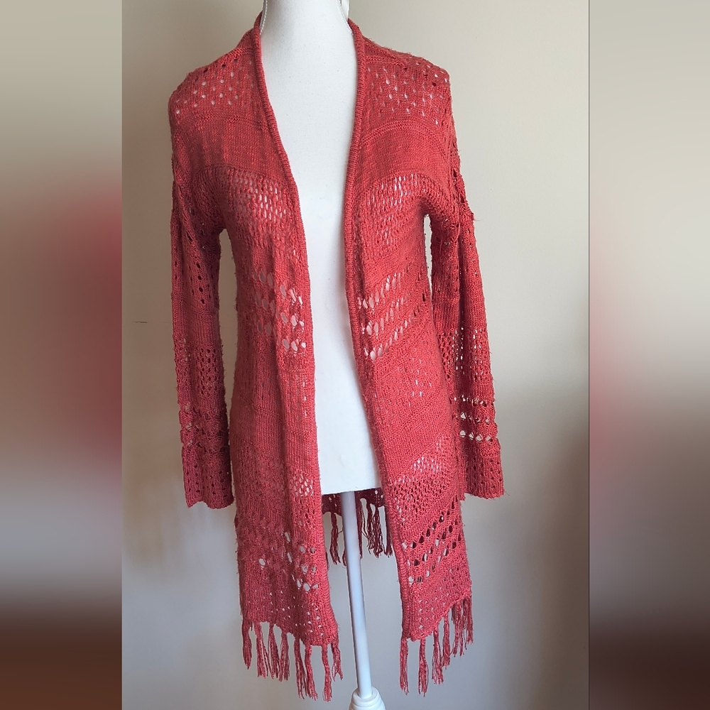 Long Crocheted Cardigan With Fringe Detail Open Front M Rust Coastal Cowgirl